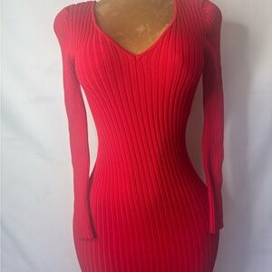 Elegant Red Ribbed Knit Dress
